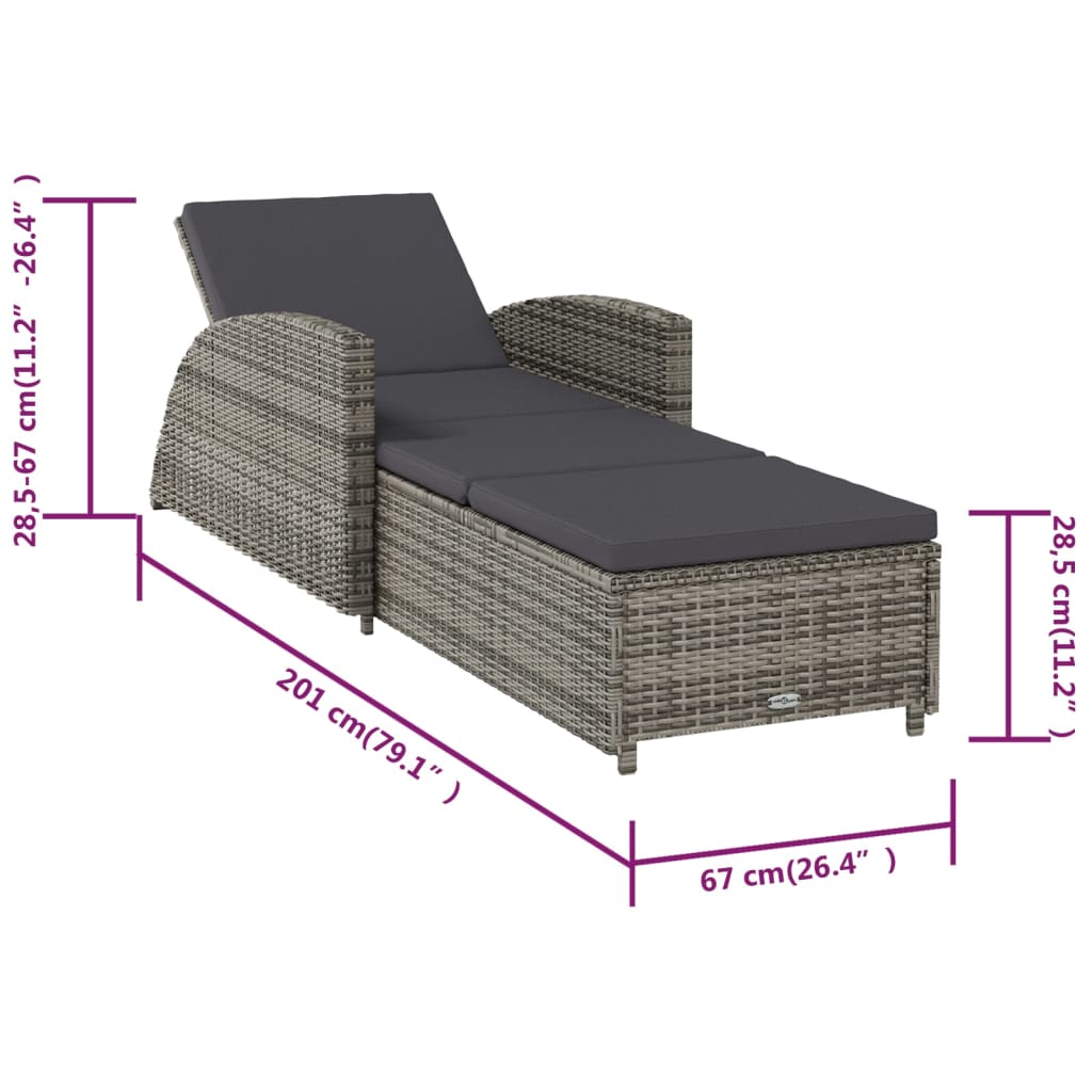 Sun lounger with dark grey cushion poly rattan grey
