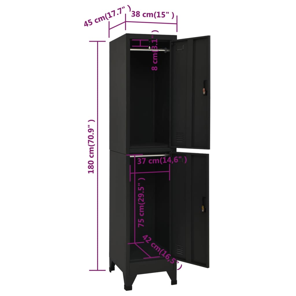 Locker cabinet black 38x45x180 cm steel