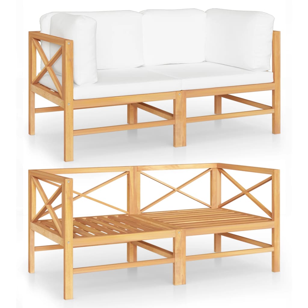 2-Sitzer-Gartensofa mit Creme Kissen Massivholz Teak