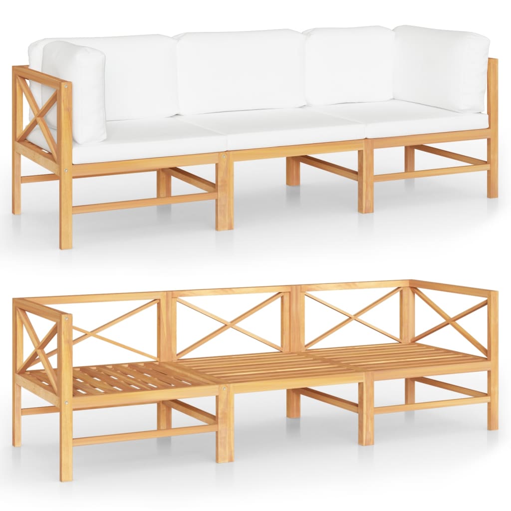 3-Sitzer-Gartensofa mit Creme Kissen Massivholz Teak