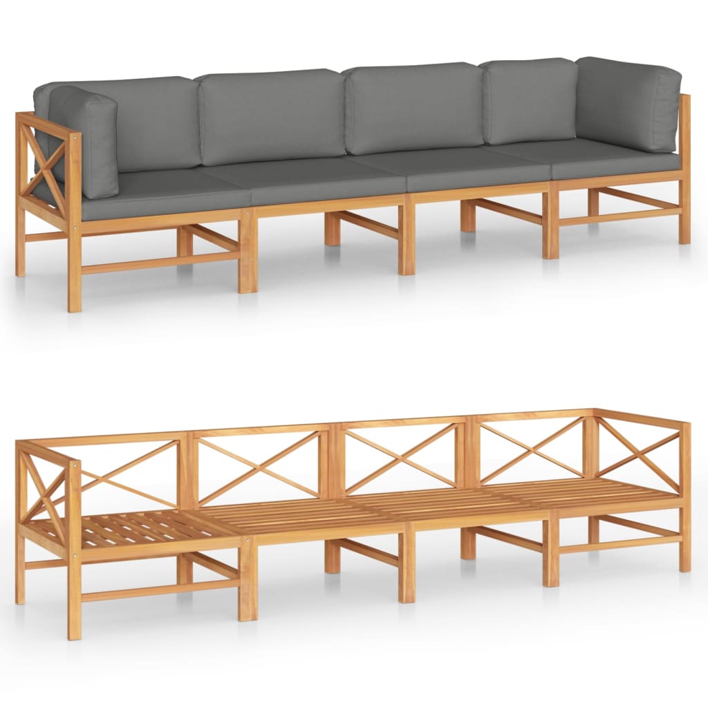 4-Sitzer-Gartensofa mit Grauen Kissen Massivholz Teak