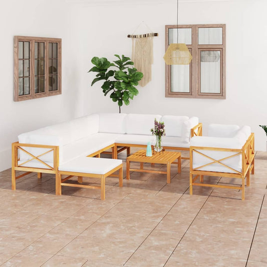 Salon de jardin 10 pièces avec coussins crème, teck massif