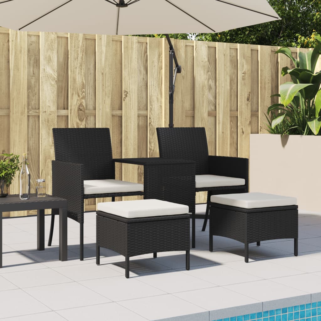 Gartensofa 2-Sitzer mit Tisch und Hockern Schwarz Poly Rattan