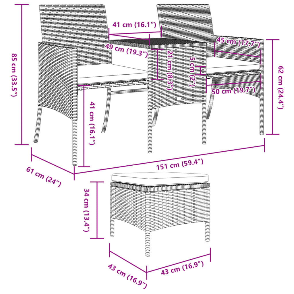 Gartensofa 2-Sitzer mit Tisch und Hockern Schwarz Poly Rattan