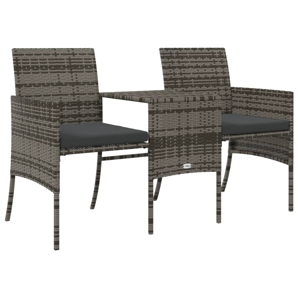 Gartensofa 2-Sitzer mit Tisch und Hockern Grau Poly Rattan