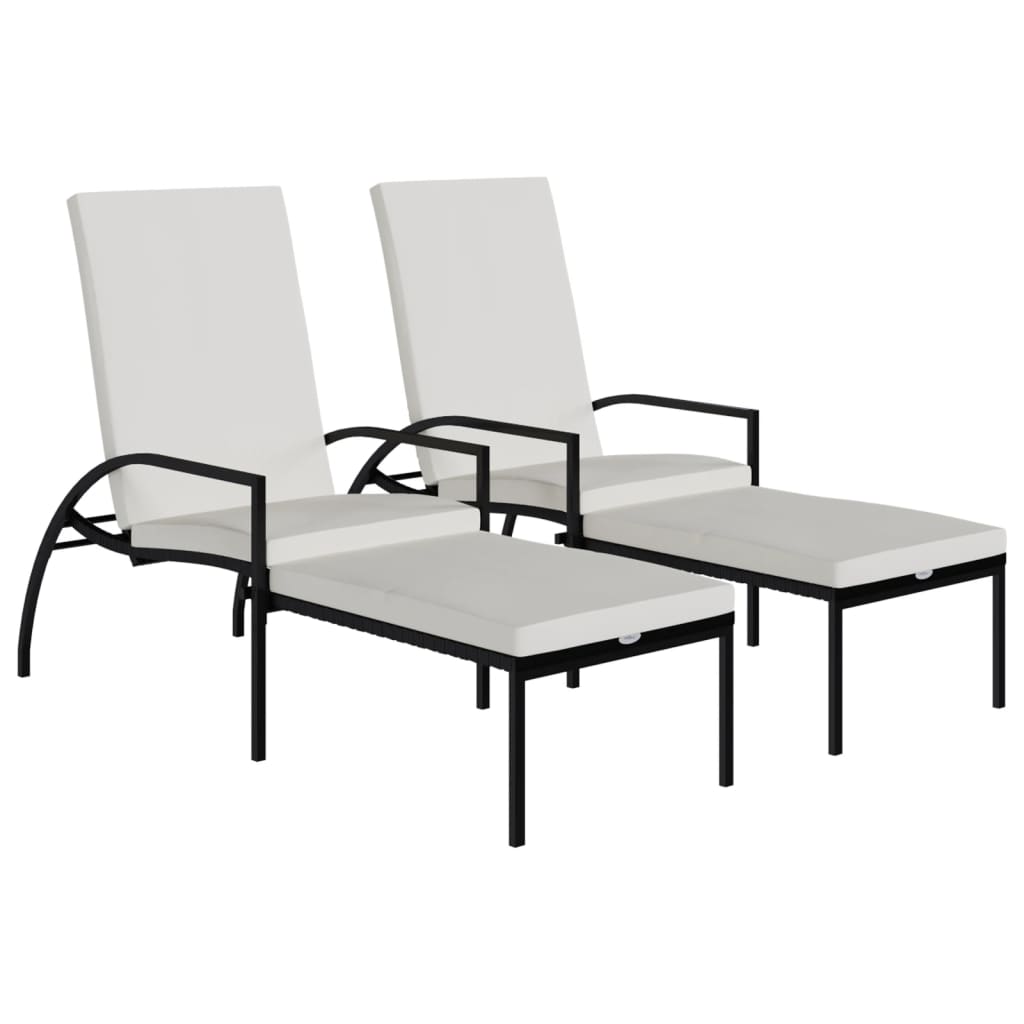 Chaises longues 2 pièces avec repose-pieds en rotin synthétique noir