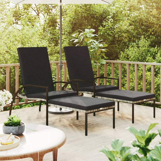 Chaises longues 2 pièces avec repose-pieds en rotin synthétique gris