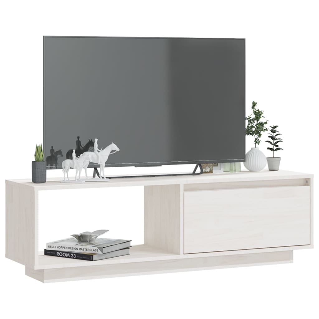 Meuble TV blanc 110x30x33,5 cm en bois de pin massif