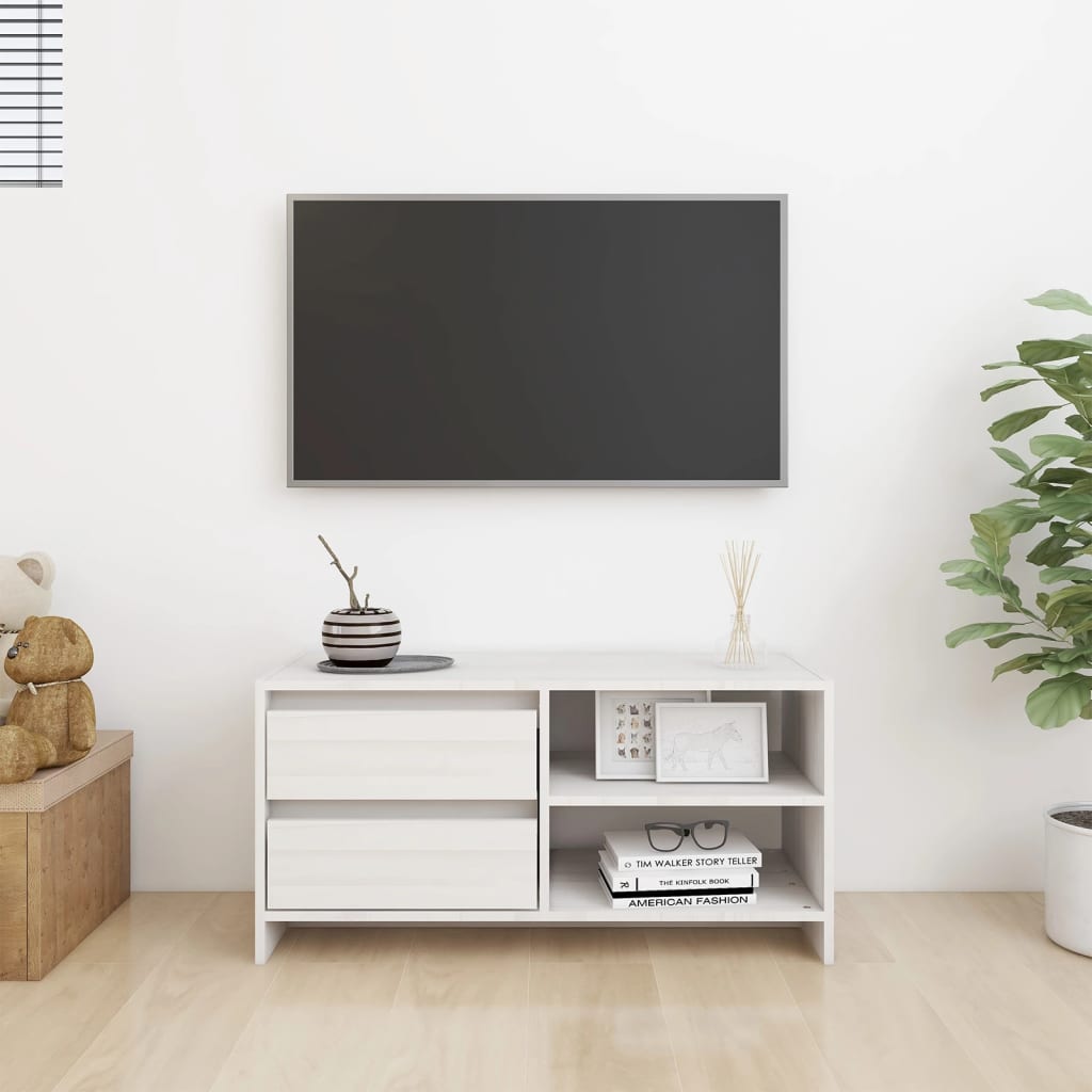 Meuble TV blanc 80x31x39 cm en bois de pin massif