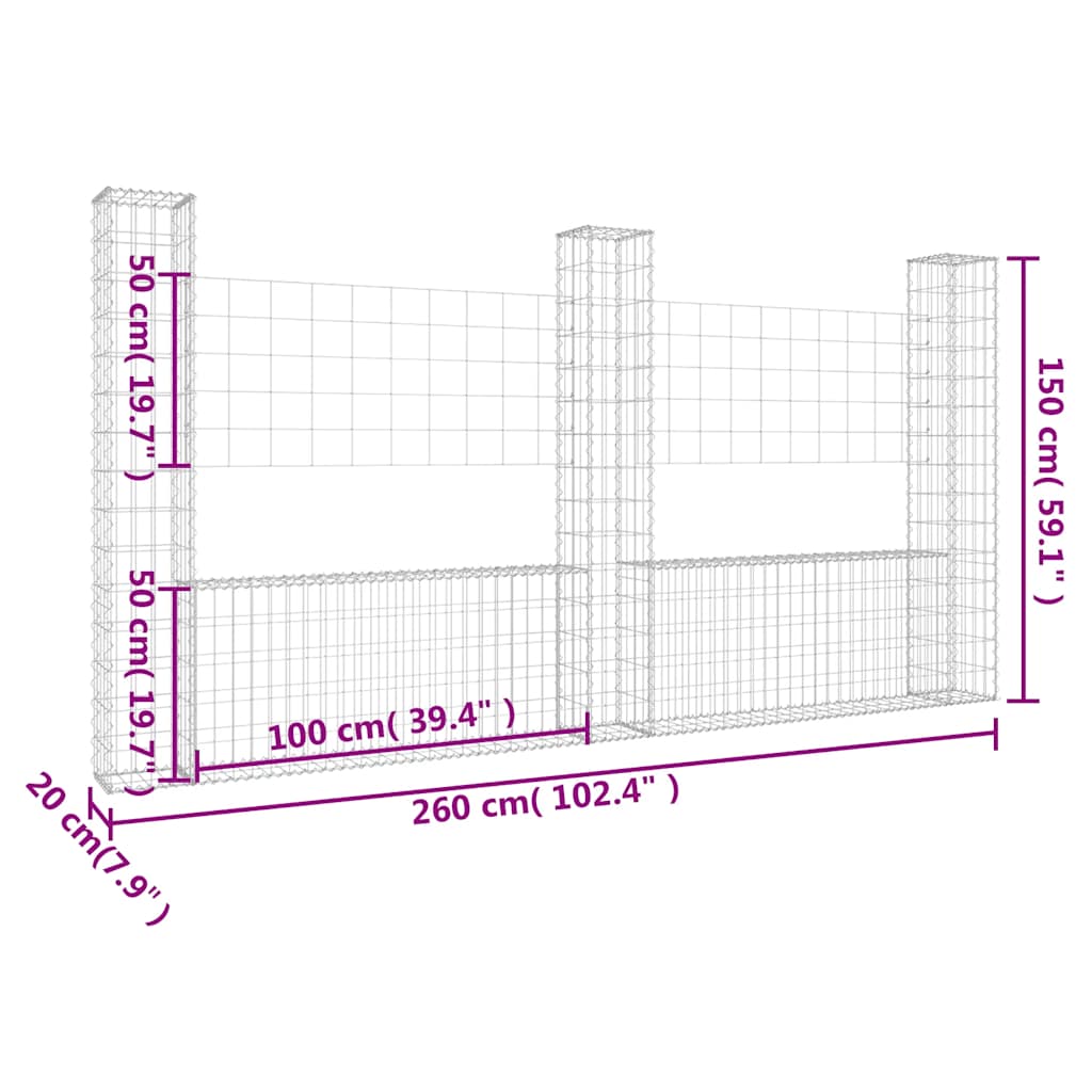 Gabionenkorb U-Form mit 3 Säulen Eisen 260x20x150 cm