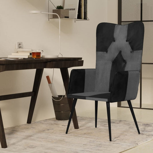 Fauteuil à oreilles en cuir véritable noir et gris