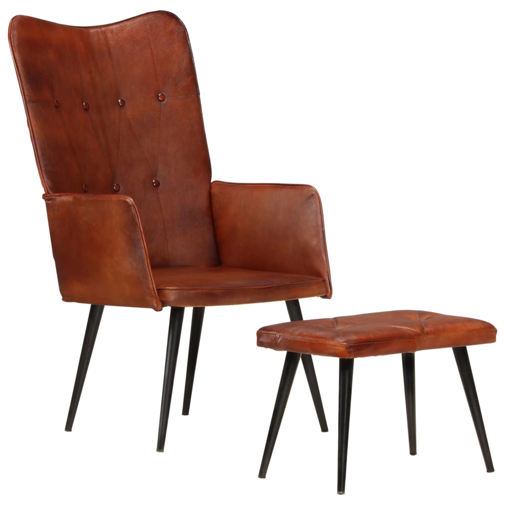 Ohrensessel mit Hocker Braun Echtleder