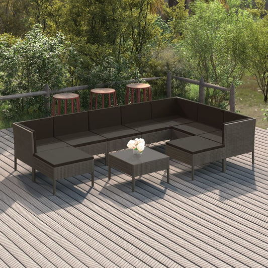 10 pièces. Salon de jardin avec coussins poly rotin gris