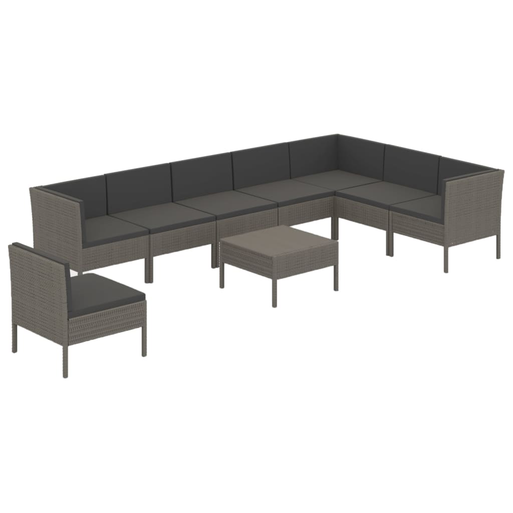 9-tlg. Garten-Lounge-Set mit Auflagen Poly Rattan Grau