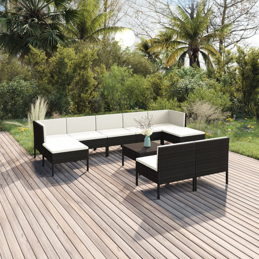 10 pièces. Salon de jardin avec coussins poly rotin noir
