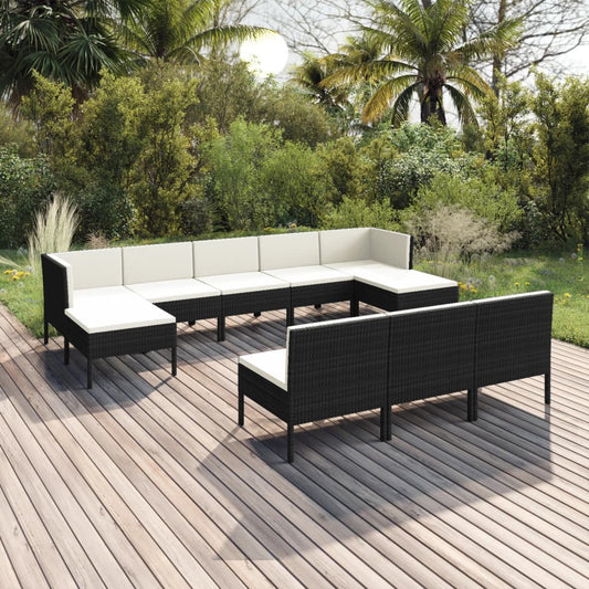 10 pièces. Salon de jardin avec coussins poly rotin noir