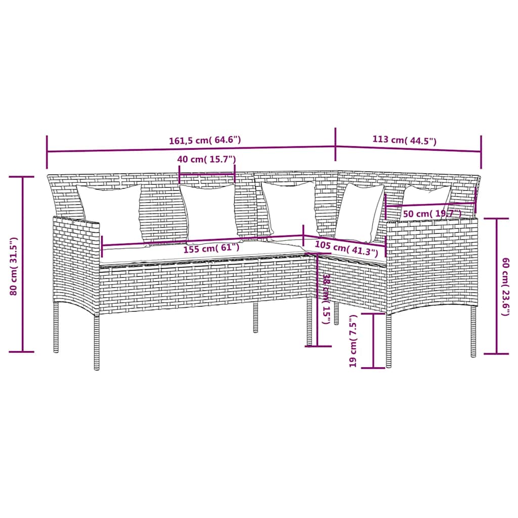 5-tlg. Sofagarnitur in L-Form mit Kissen Poly Rattan Schwarz