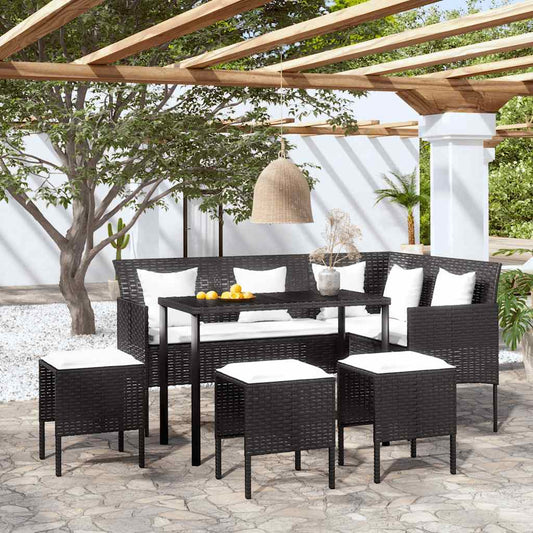 5-tlg. Sofagarnitur in L-Form mit Kissen Poly Rattan Schwarz
