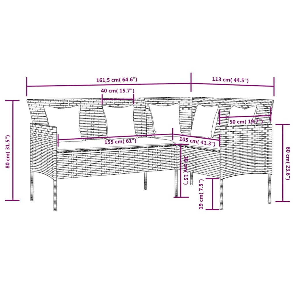 5-tlg. Sofagarnitur in L-Form mit Kissen Poly Rattan Grau