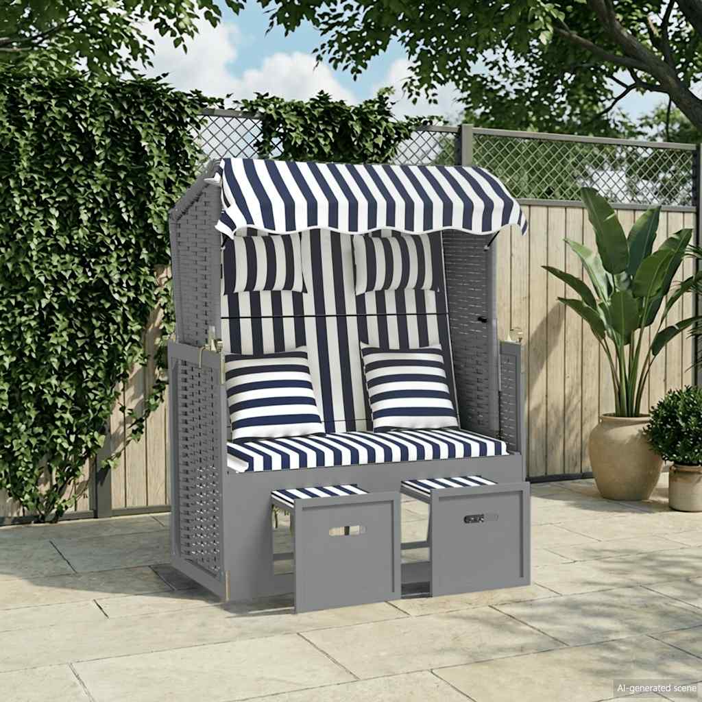 Strandkorb mit Kissen Poly Rattan und Massivholz Blau & Weiß