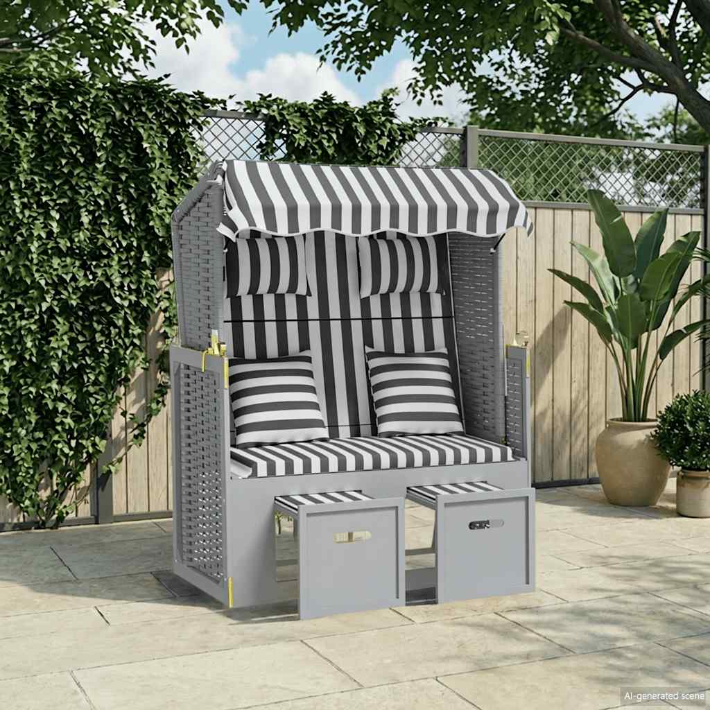 Strandkorb mit Kissen Poly Rattan und Massivholz Grau & Weiß