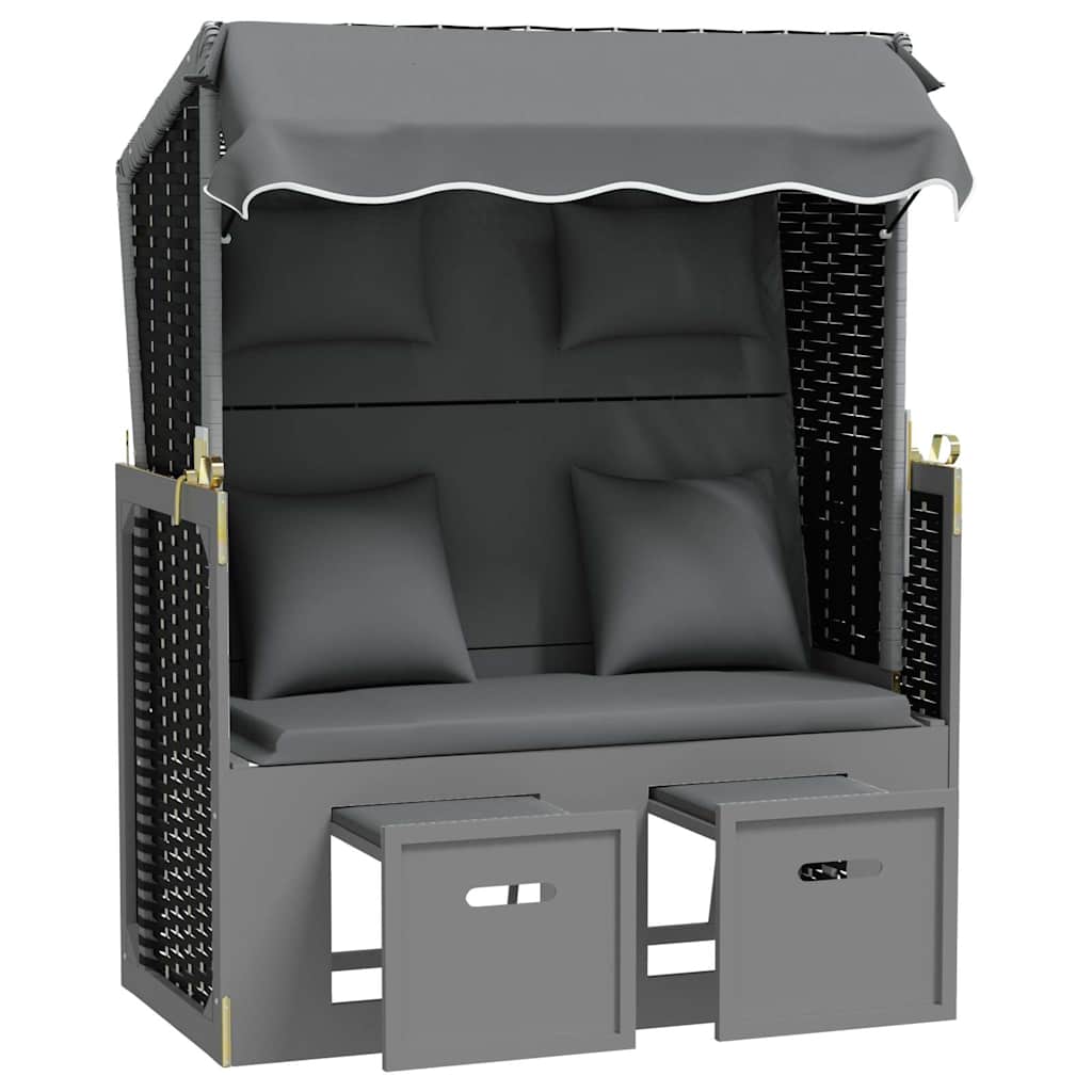 Strandkorb mit Kissen Poly Rattan Massivholz Anthrazit Schwarz