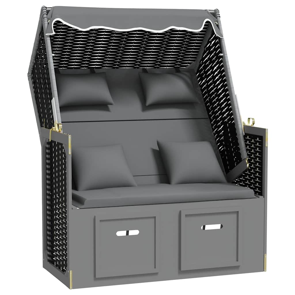 Strandkorb mit Kissen Poly Rattan Massivholz Anthrazit Schwarz
