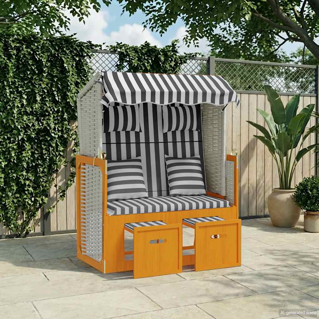Strandkorb mit Kissen Poly Rattan & Massivholz Weiß & Grau