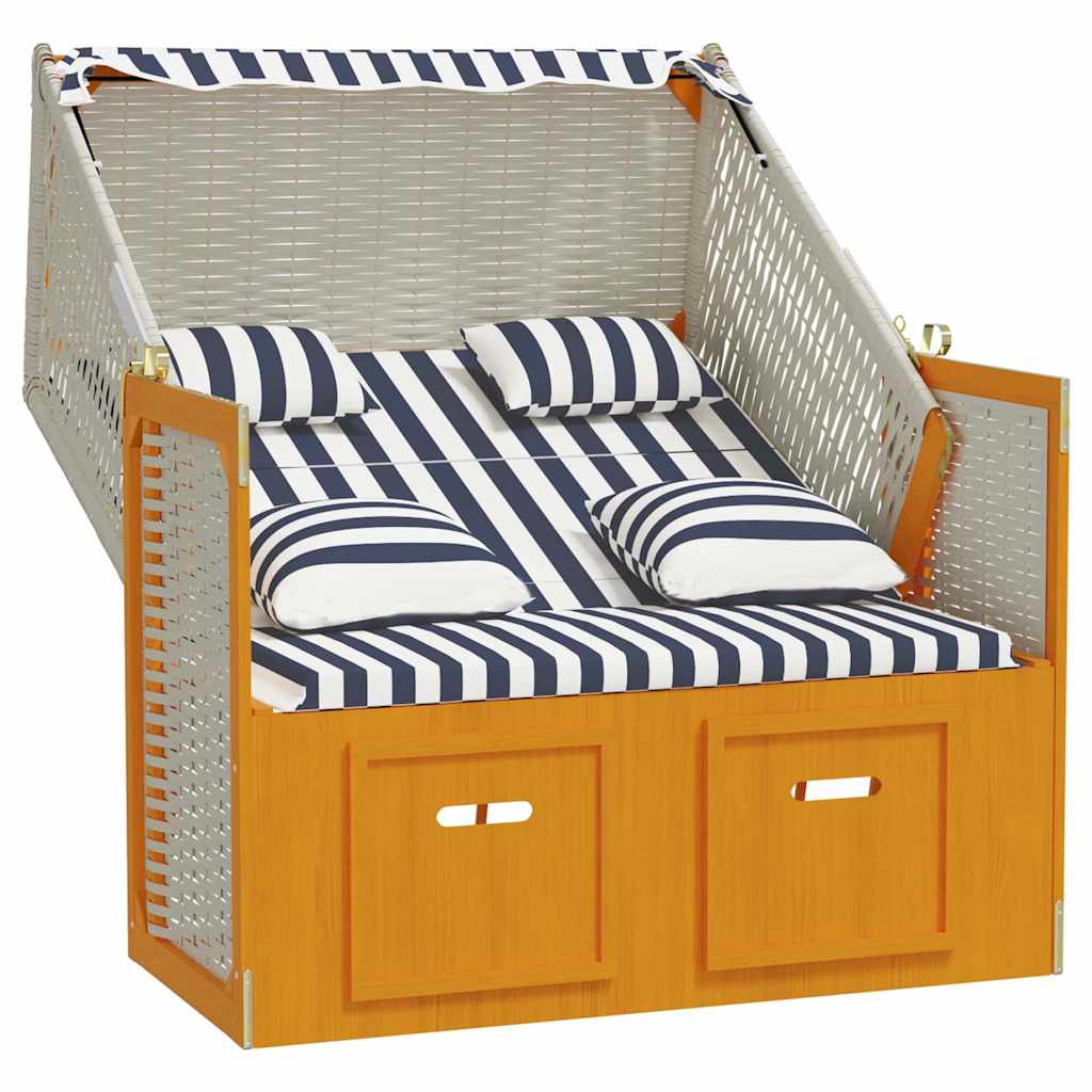 Strandkorb mit Kissen Poly Rattan & Massivholz Weiß & Blau