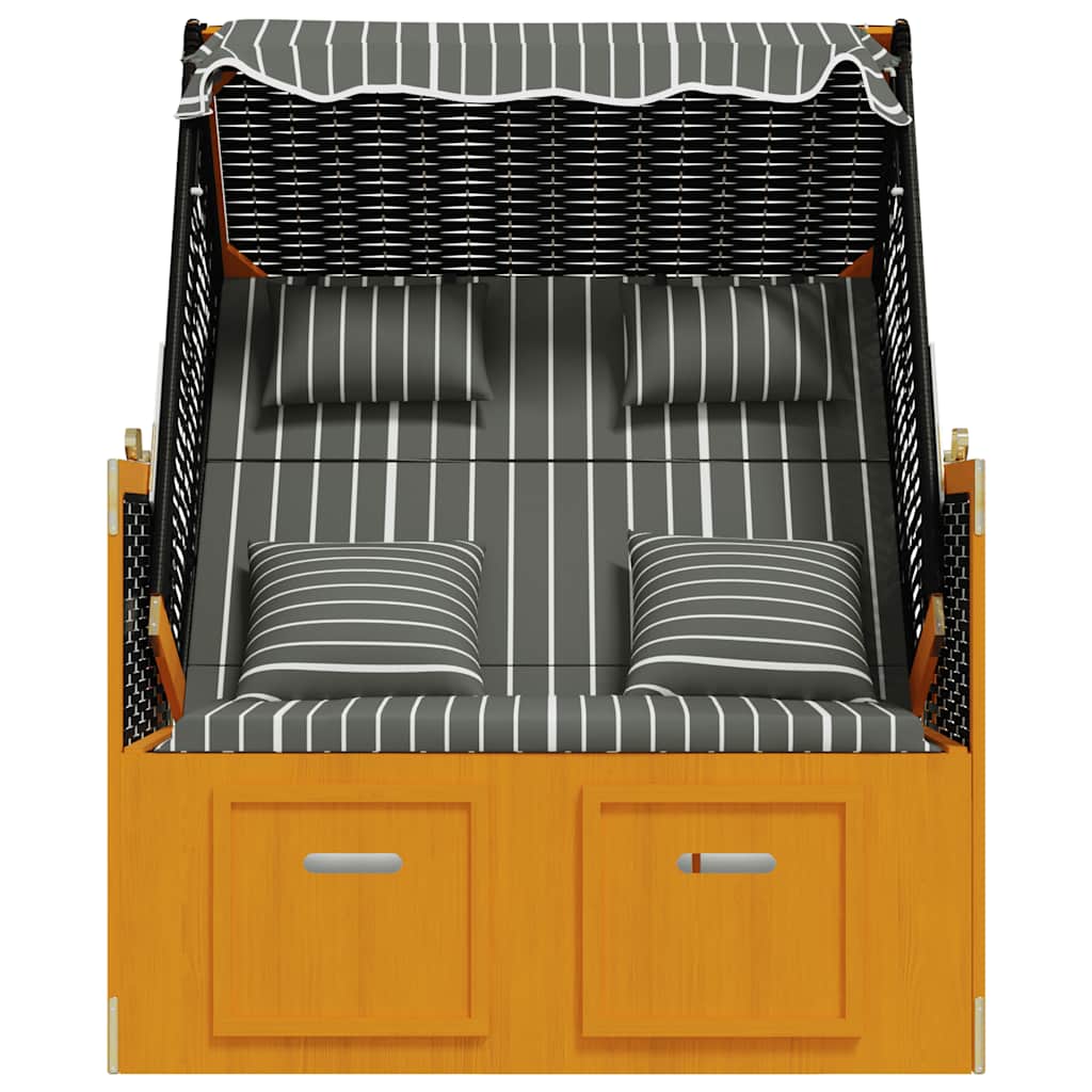 Strandkorb mit Kissen Poly Rattan & Massivholz Schwarz & Grau