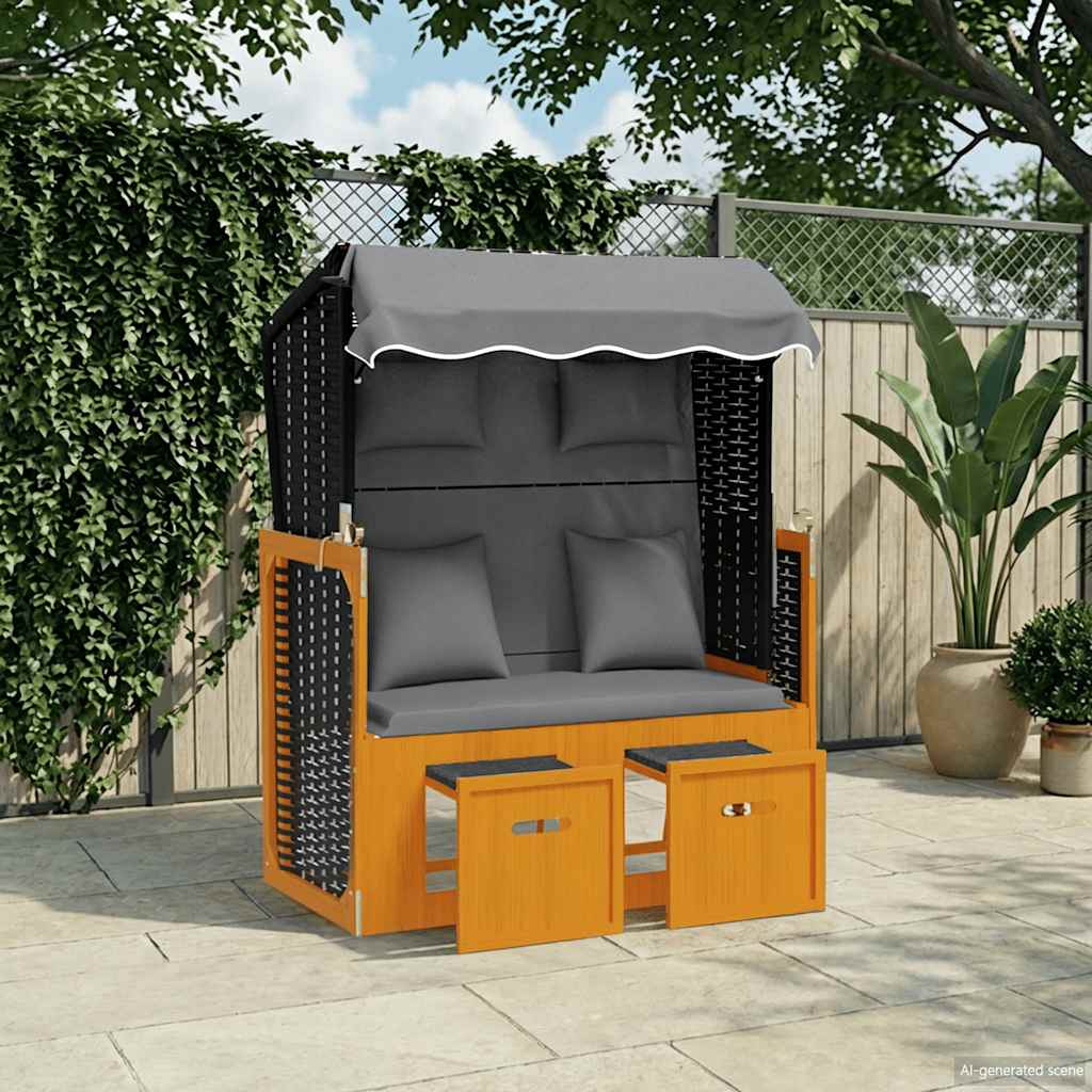 Strandkorb mit Kissen Poly Rattan Massivholz Schwarz Anthrazit