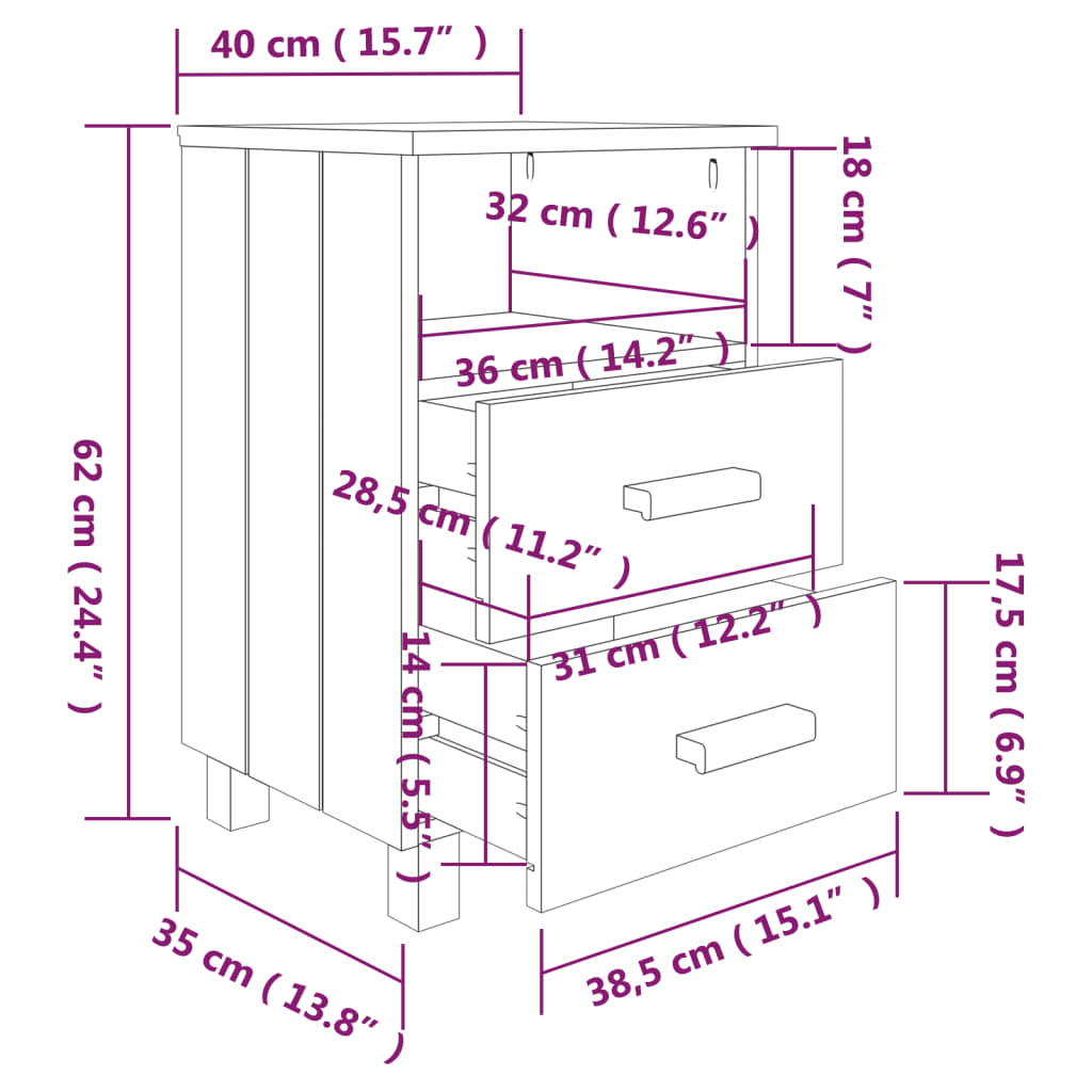 Nachttische HAMAR 2 Stk. Dunkelgrau 40x35x62 cm Massivholz