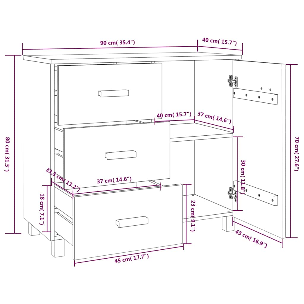 Sideboard HAMAR Weiß 90x40x80 cm Massivholz Kiefer
