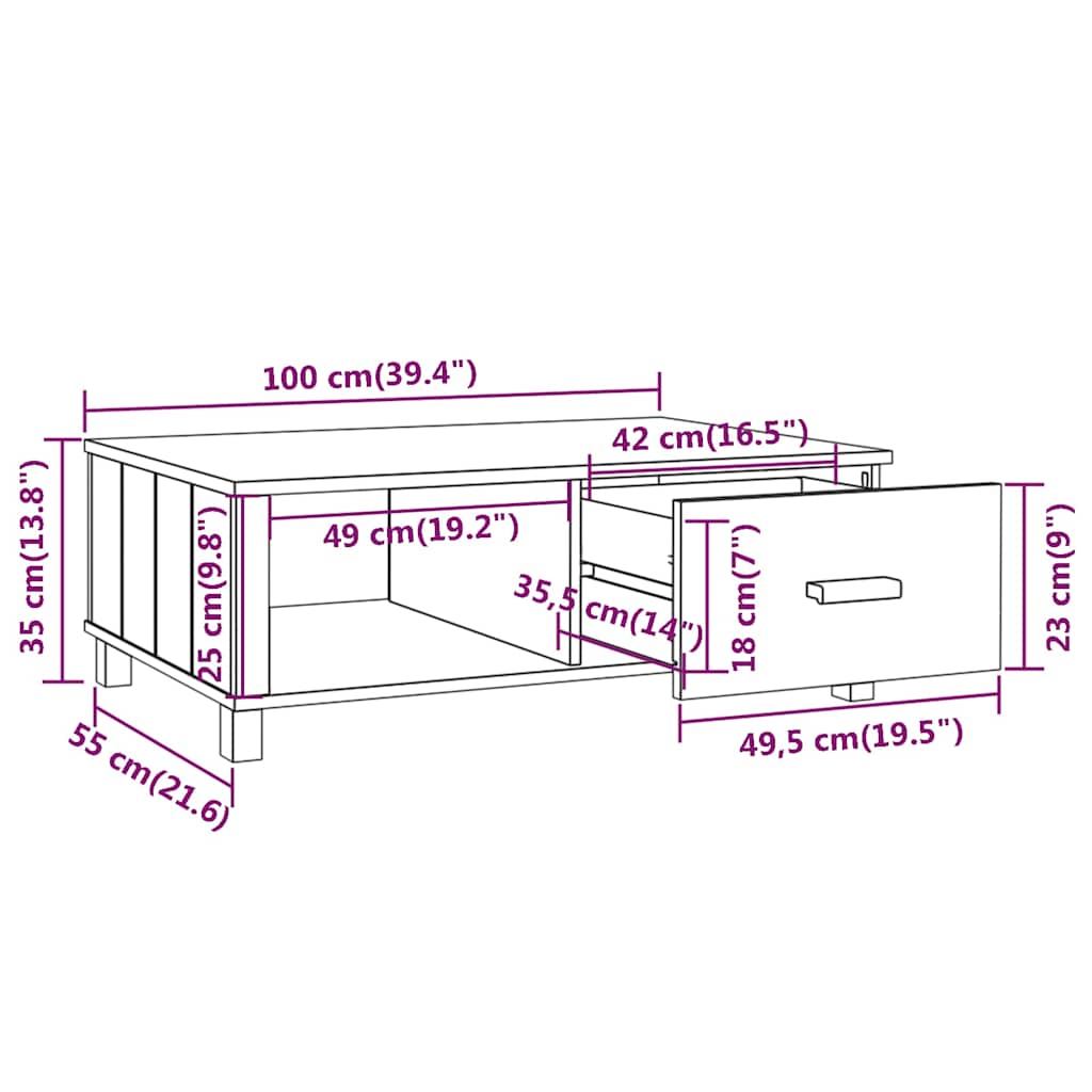 Couchtisch HAMAR Dunkelgrau 100x55x35 cm Massivholz Kiefer