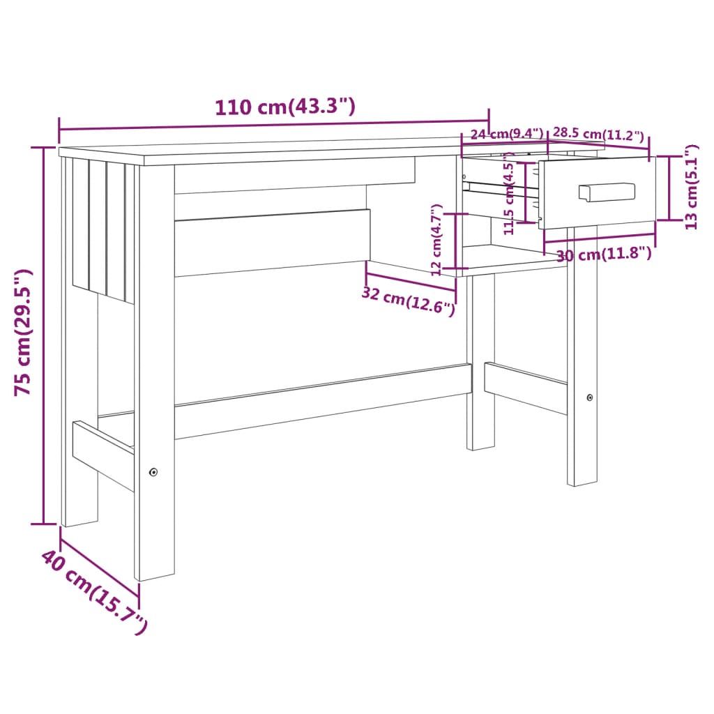 Schreibtisch HAMAR Dunkelgrau 110x40x75 cm Massivholz Kiefer