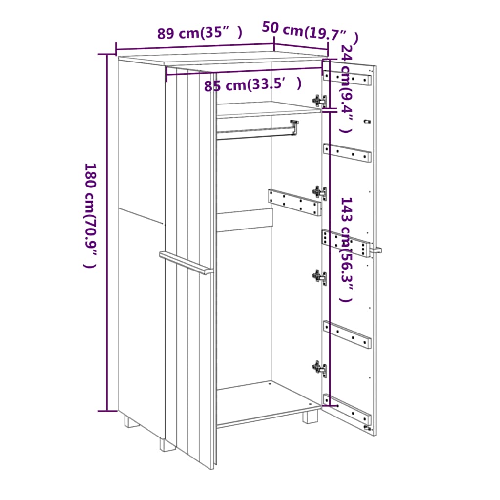 Wardrobe HAMAR light grey 89x50x180 cm solid pine wood