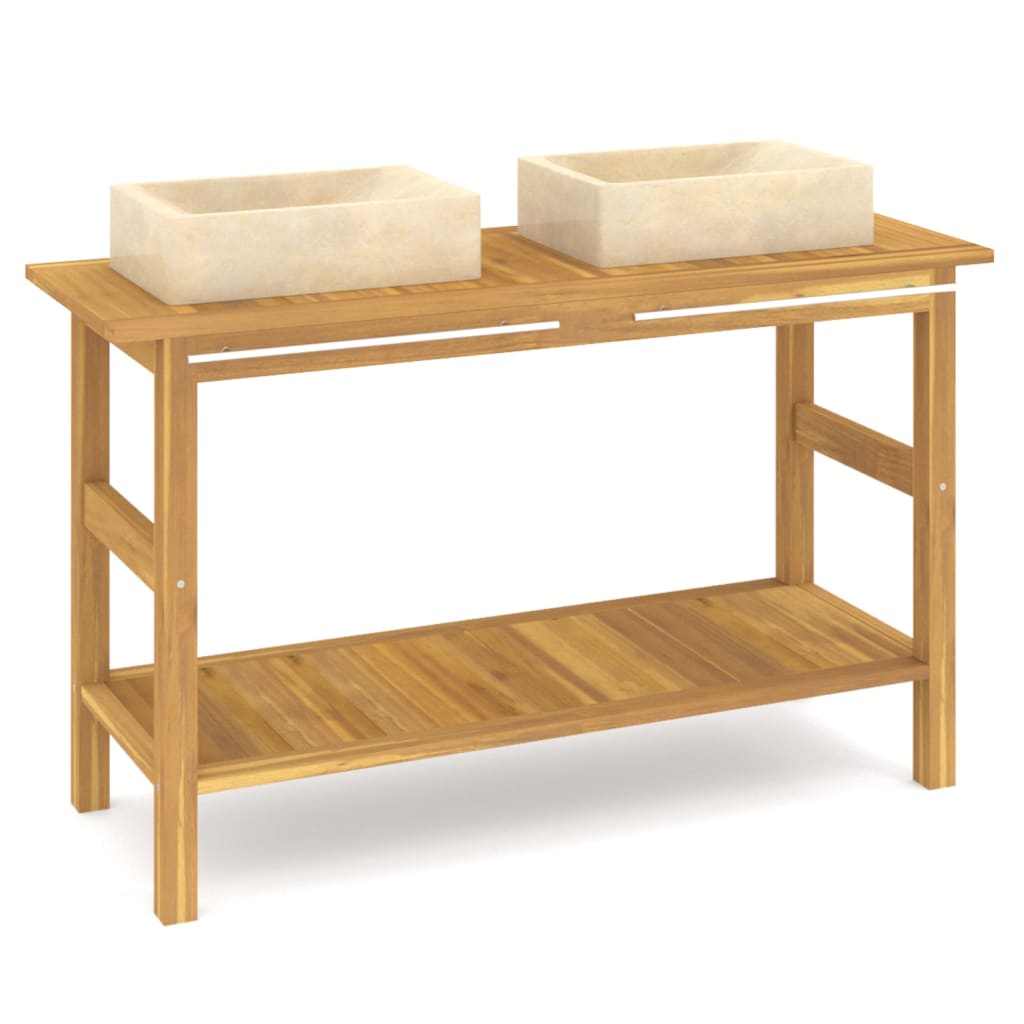 Waschtisch mit Creme Marmorbecken Massivholz Teak