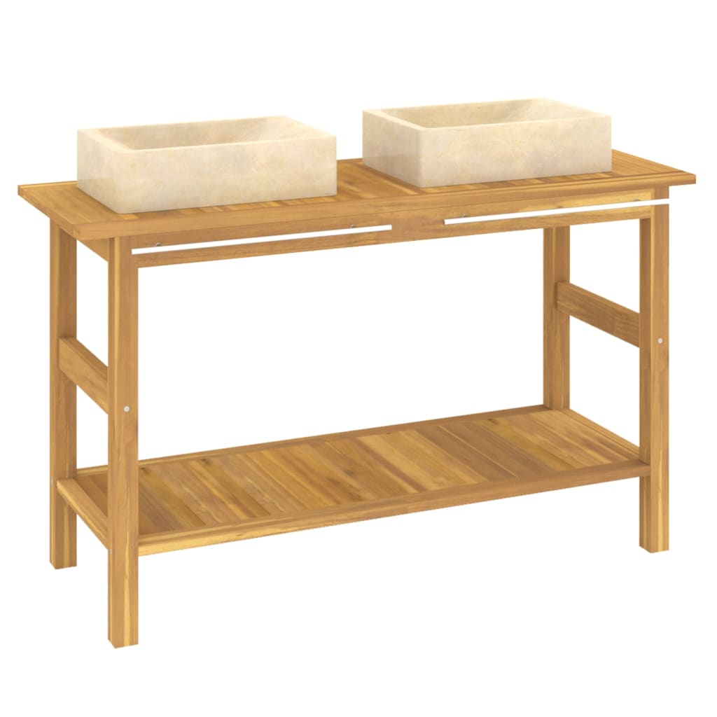 Waschtisch mit Creme Marmorbecken Massivholz Teak