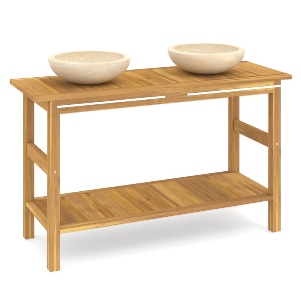 Waschtisch mit Creme Marmorbecken Massivholz Teak