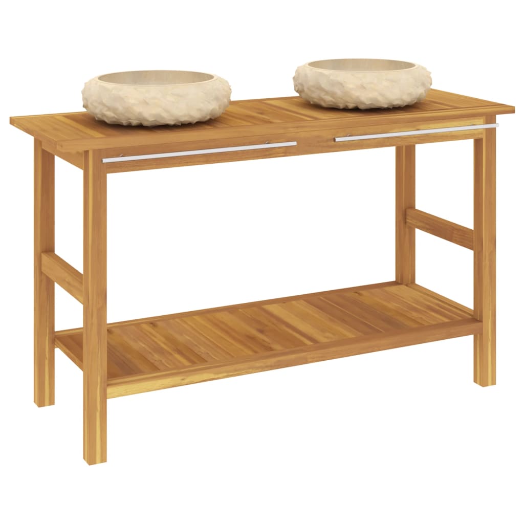 Waschtisch mit Creme Marmorbecken Massivholz Teak