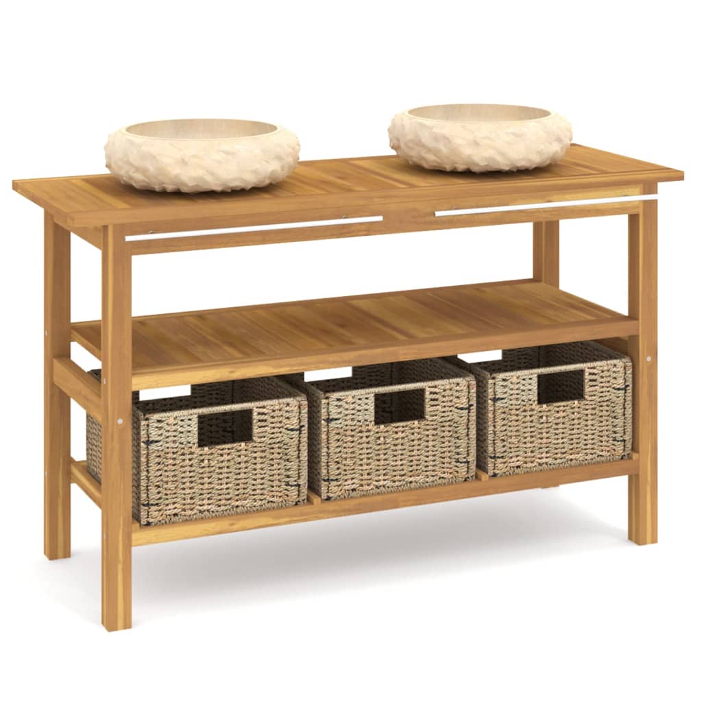 Waschtisch mit Creme Marmorbecken Massivholz Teak