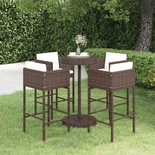 5-piece garden bar set with cushions, poly rattan, brown