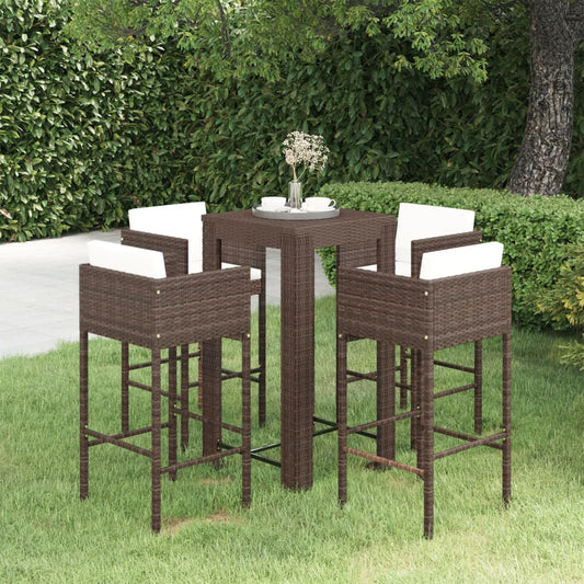 5-piece garden bar set with cushions, poly rattan, brown
