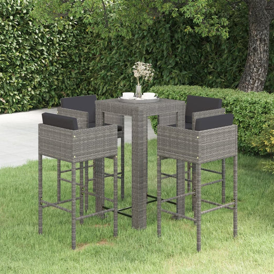 5-piece garden bar set with cushions, poly rattan, grey