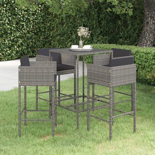 5-piece garden bar set with cushions, poly rattan, grey