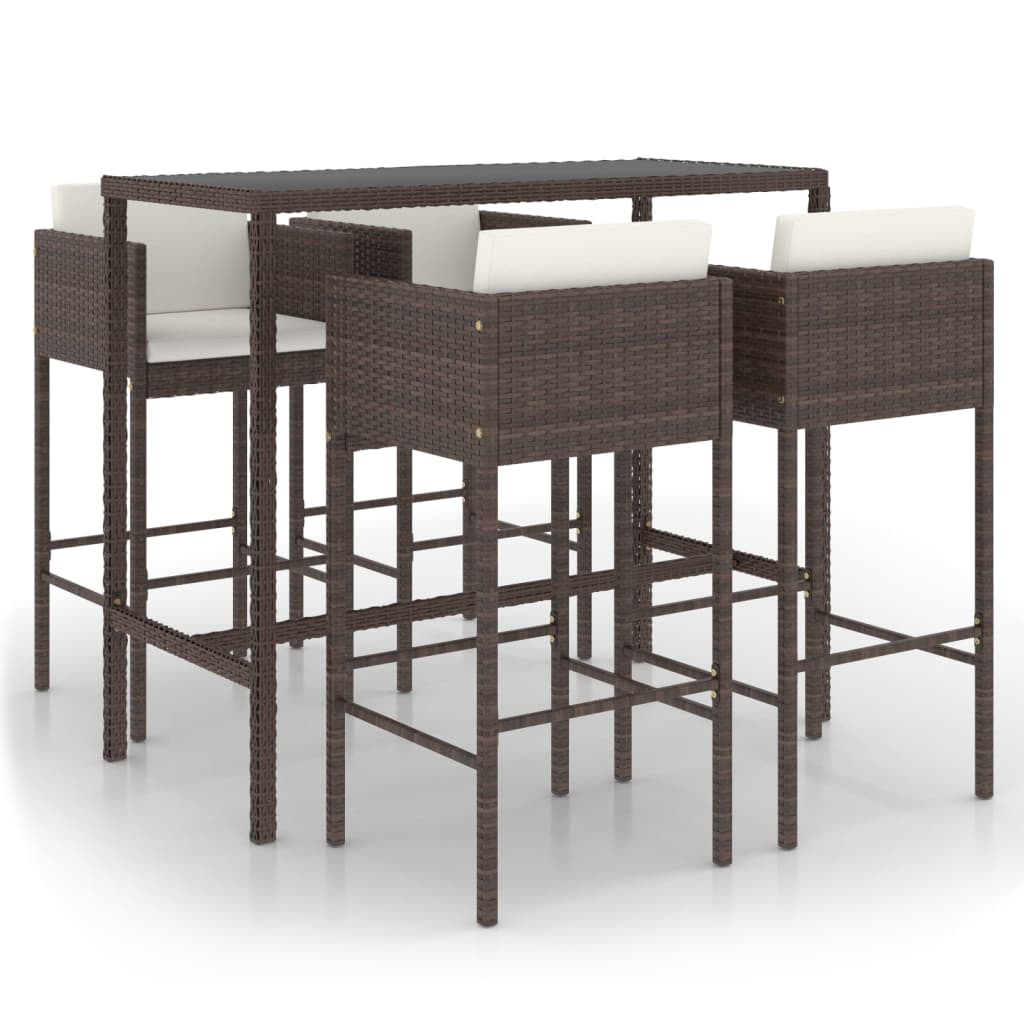 5-piece garden bar set with cushions, poly rattan, brown