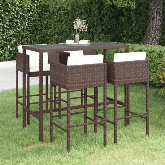 5-piece garden bar set with cushions, poly rattan, brown