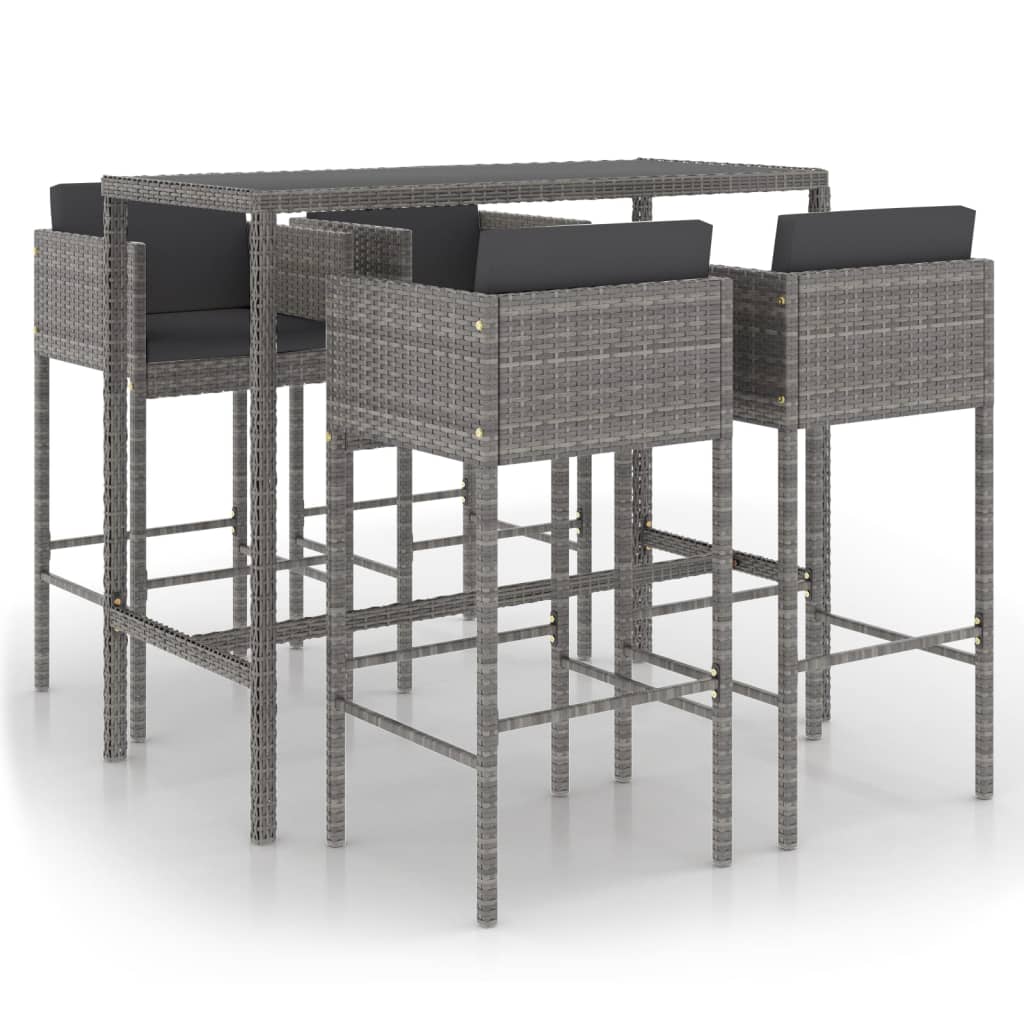 5-piece garden bar set with cushions, poly rattan, grey
