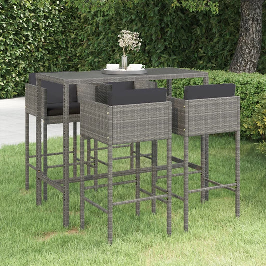 5-piece garden bar set with cushions, poly rattan, grey