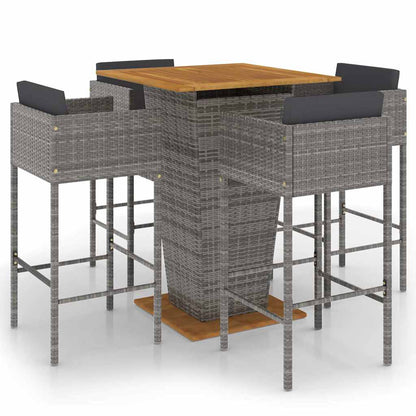 5-tlg. Gartenbar-Set mit Kissen Poly Rattan Grau